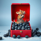 www.naked-ai.art - A red box of blue berries with a rat dancing inside