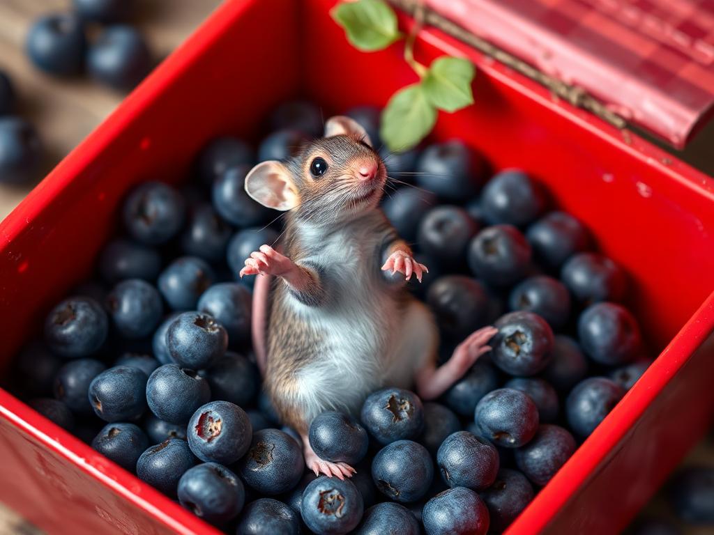 A red box of blue berries with a rat dancing inside