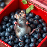 www.naked-ai.art - A red box of blue berries with a rat dancing inside