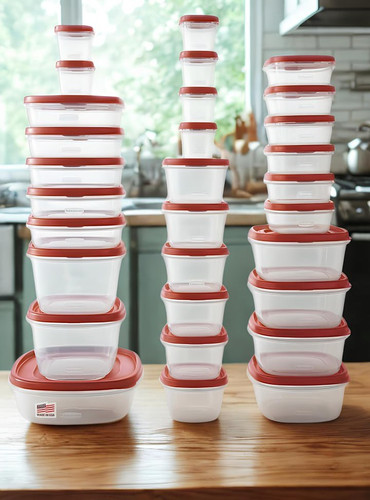 Recipientes para alimentos Rubbermaid, 60 peças com tampas, transparente e vermelho.jpg