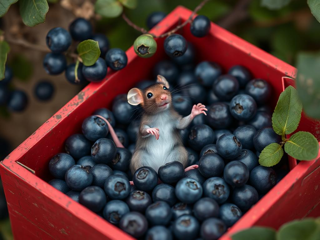 A red box of blue berries with a rat dancing inside