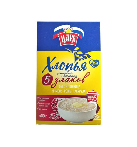 4603134002252 Каша Царь 5 Злака ОвсяныеПшеничныеЯчменныеРжаныеКукурузные Хлопья 400 Г Кор. .jpg