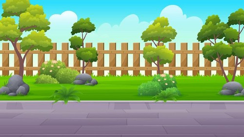 Beautiful Urban garden sidewalk with wooden fence, green lawn, bush, flower and trees vector Premium.jpg