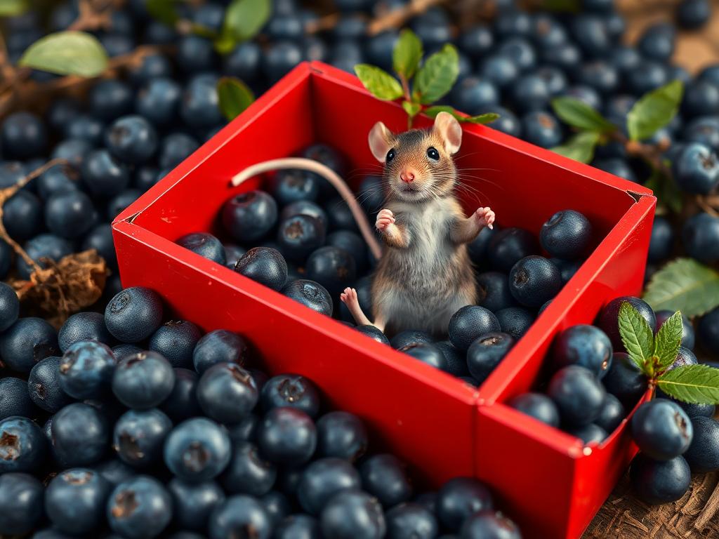 A red box of blue berries with a rat dancing inside
