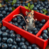 www.naked-ai.art - A red box of blue berries with a rat dancing inside