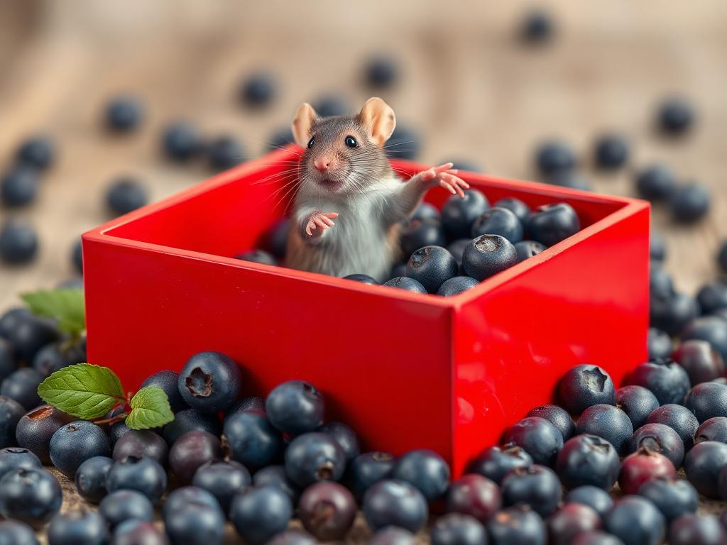 A red box of blue berries with a rat dancing inside