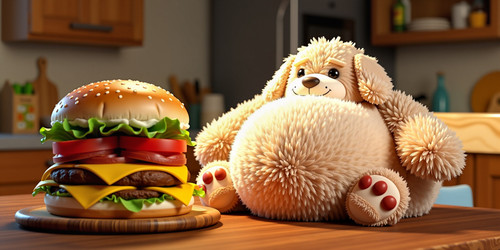 A photorealistic render of a giant stuffed Big Belly Bob a plush labradoodle with an absurdly large .jpg