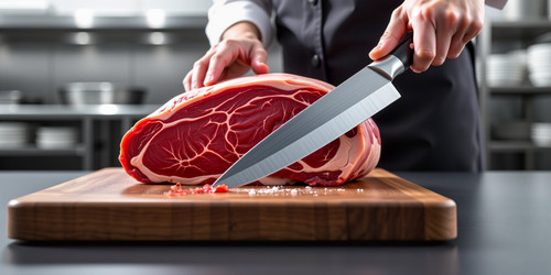 A photorealistic rendering of a thick chunk of raw beef steak on a stainless steel cutting board in .jpg
