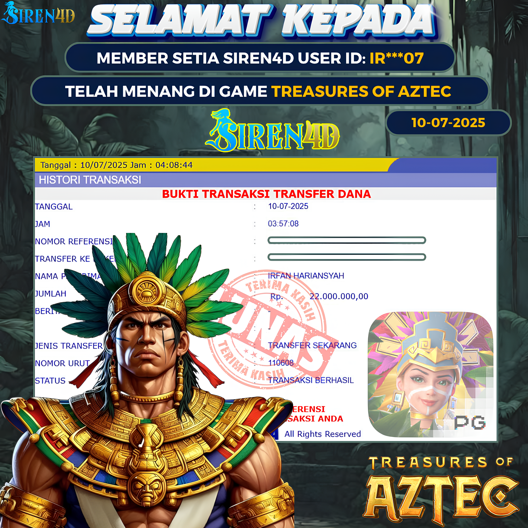 SIREN4D  - JACKPOT DI GAME SLOT TREASURES OF AZTEC RP 22JT DIBAYAR LUNAS