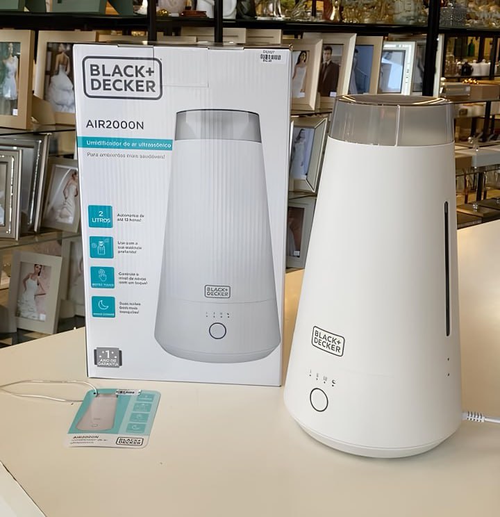 Black Decker Umidificador de Ar Ultrassônico, Modelo AIR2000N, Umidificador com Capacidade de 2 Litros, Autonomia de 13 Horas, Permite Adicionar Essências, 110V Black Decker Umidificador de Ar Ultrassônico, Modelo AIR2000N, Umidificador com Capacidade de 2 Litros, Autonomia de 13 Horas, Permite Adicionar Essências, 110V