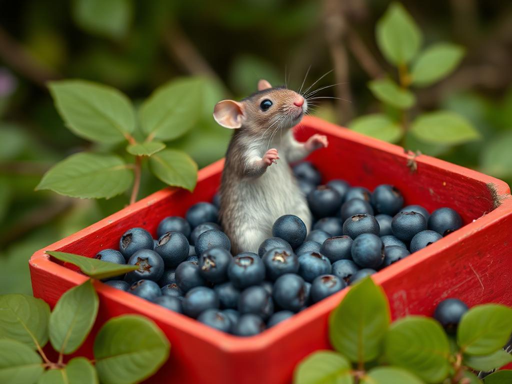 A red box of blue berries with a rat dancing inside