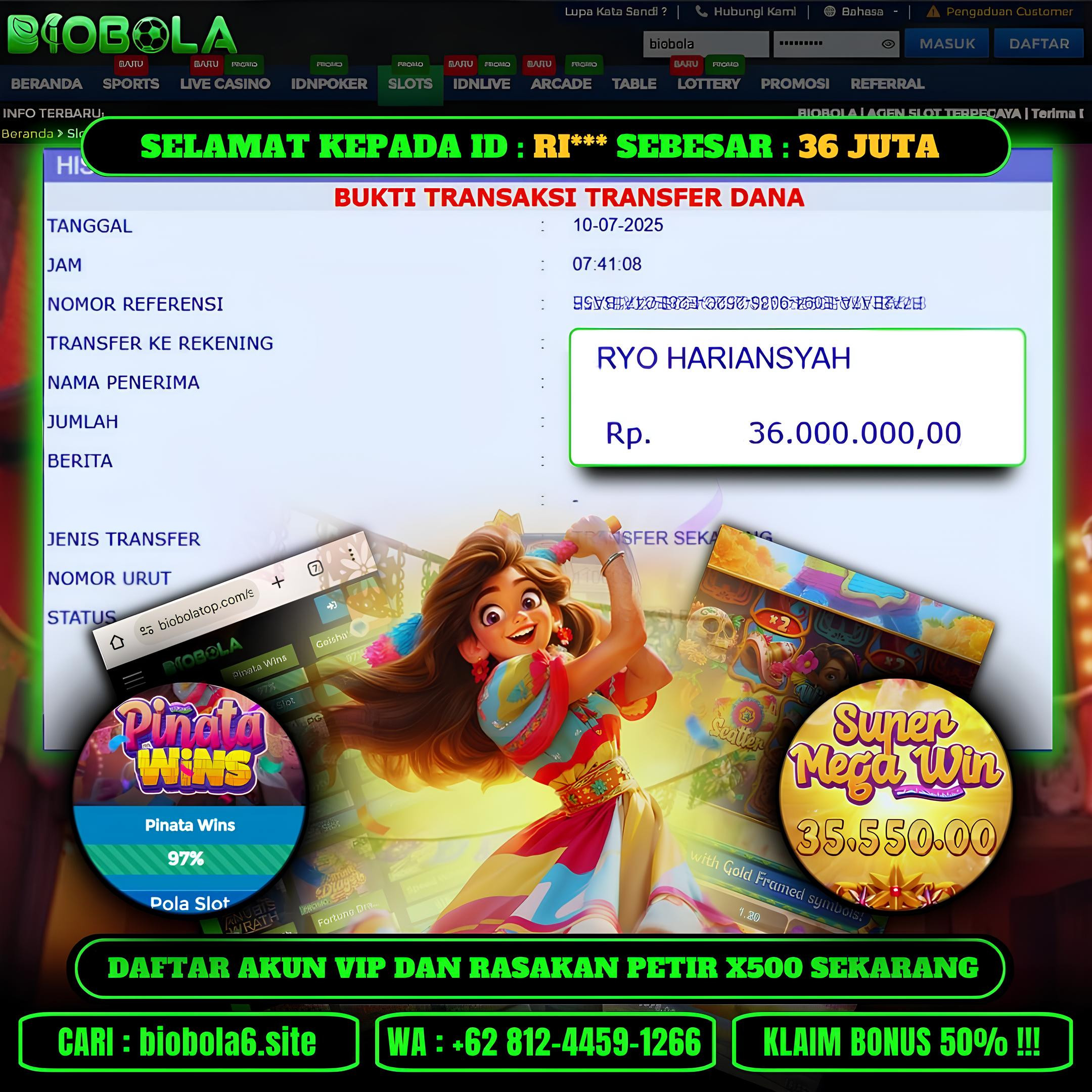BIOBOLA  - JACKPOT DI GAME SLOT PINATA WINS RP 36JT DIBAYAR LUNAS