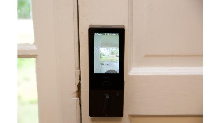 None The rear of the lock is a screen that turns on with motion and when someone rings the doorbell. It can be manually activated by a button on the back.
