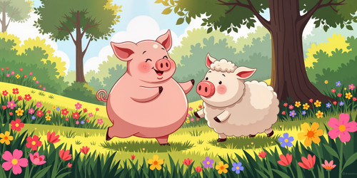A whimsical illustration of a cute porky pig with a big round belly waddling towards a new friend wh.jpg