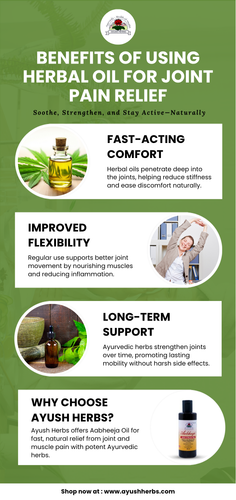 Ayush Herbs brings you Herbal Joints pain relief oil powered by authentic Ayurvedic ingredients to soothe muscles and improve mobility. It absorbs quickly, works deeply, and is ideal for long-term use without side effects.
Ease discomfort and support active joints with Herbal Joints pain relief oil from Ayush Herbs. This pure, herbal formula reduces soreness, relaxes muscles, and restores flexibility—all with the power of Ayurvedic care.

View our infographic now to see why Aabheeja is your go-to for natural joint care. Explore more at https://ayushherbs.com/product/herbal-joints-muscle-pain-oil/
