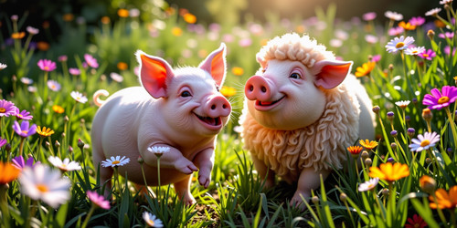 A heartwarming photograph of a cheerful porky pig with a prominent round belly enthusiastically appr.jpg