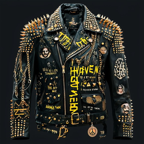 Edgy Black Leather Jacket With Gold Embellishments And Text.png