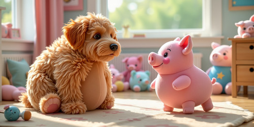 A charming photographic scene featuring Big Belly Bob BBB the plush labradoodle with an absurdly lar.jpg