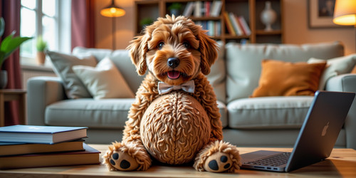  A plush labradoodle with an absurdly large spherical belly sitting like a teddy bear positioned in .jpg