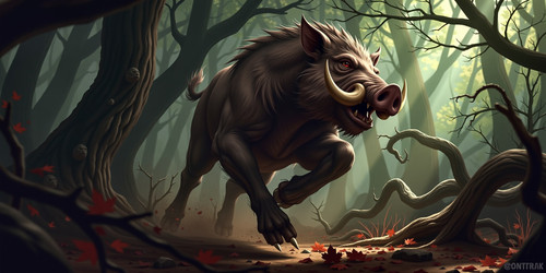 A ferocious boar centaur charging through a dense shadowy forest The creature has the lower body of .jpg