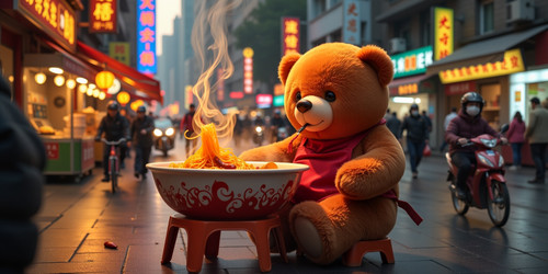 A bustling street scene in Chongqing with Big Belly Bob BBB seated like a teddy bear on a small plas.jpg