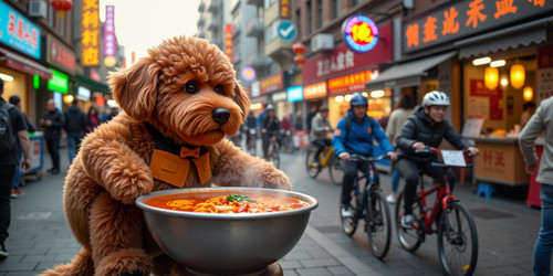 A bustling street scene in Chongqing with Big Belly Bob BBB the plush labradoodle with an absurdly l.jpg