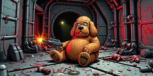 Big Belly Bob as a shootable character in Doom II BBB is depicted as a cute plush labradoodle sittin.jpg