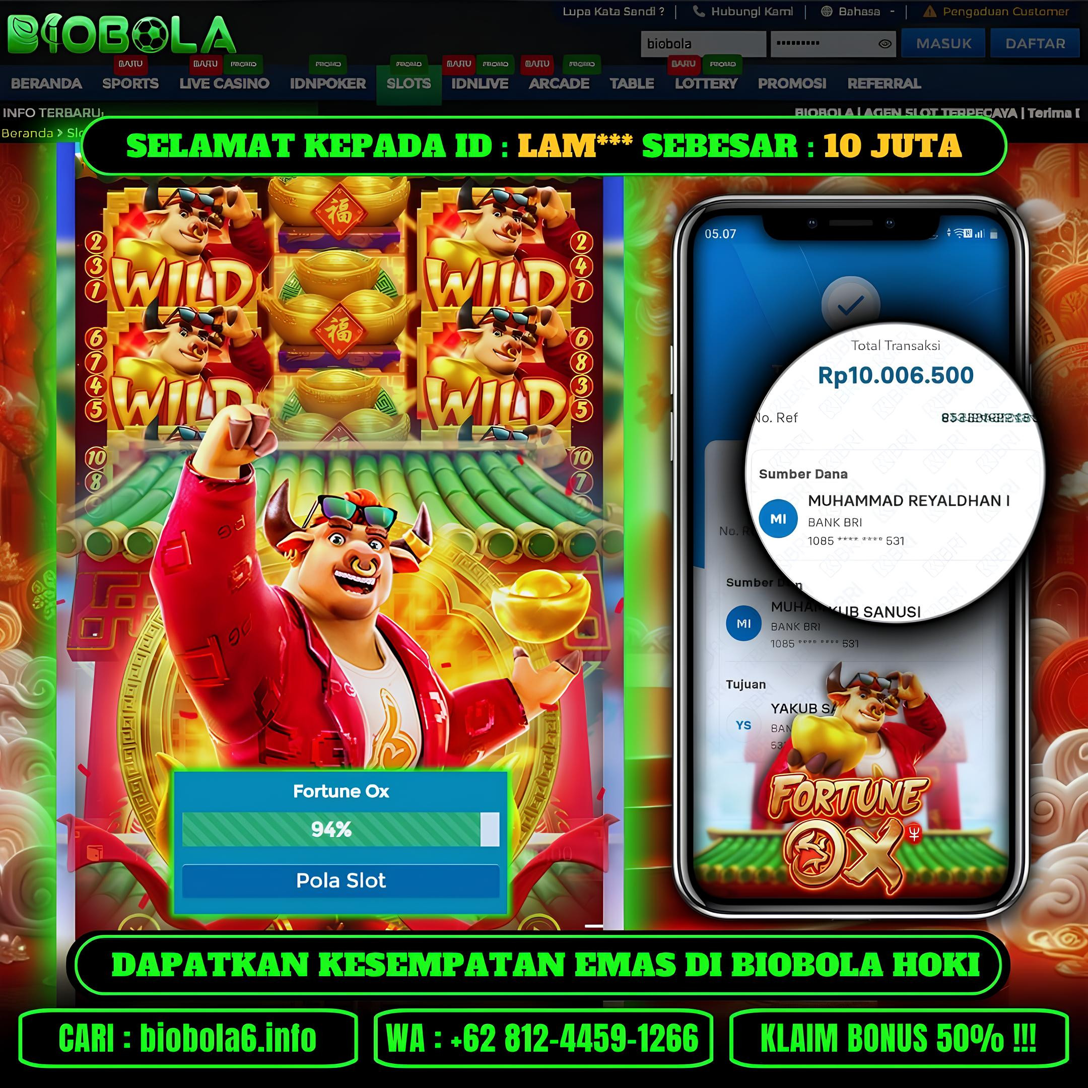 BIOBOLA  - JACKPOT DI GAME SLOT FORTUNE OX RP 10JT DIBAYAR LUNAS