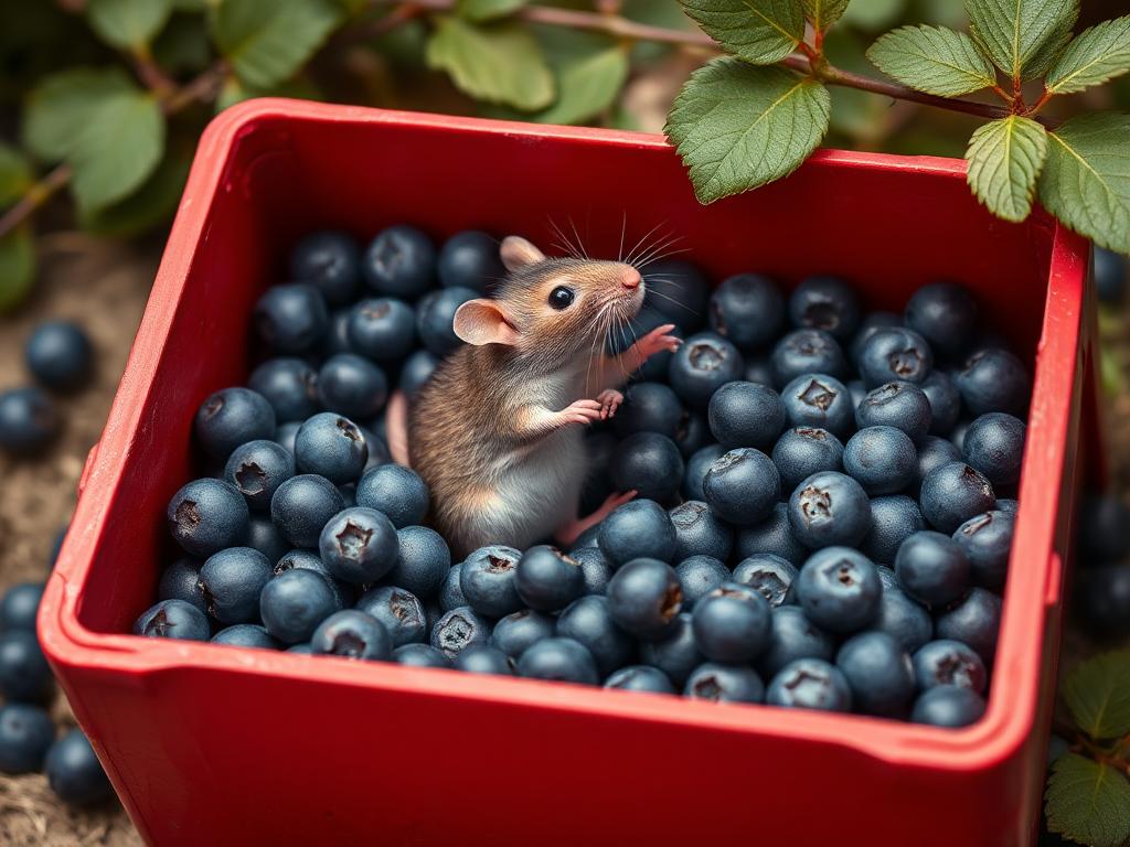 A red box of blue berries with a rat dancing inside