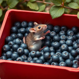 www.naked-ai.art - A red box of blue berries with a rat dancing inside