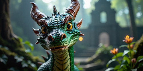 A close up portrait of a curious and mischievous looking dragon with emerald green scales and golden.jpg