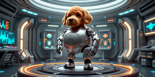 A futuristic scene featuring Big Belly Bob transformed into a cybernetic robot BBB the plush labrado.jpg