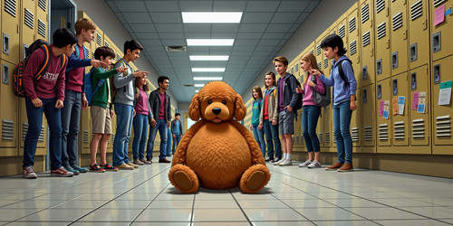 A poignant scene depicting Big Belly Bob being bullied at school BBB the plush labradoodle sits alon.jpg