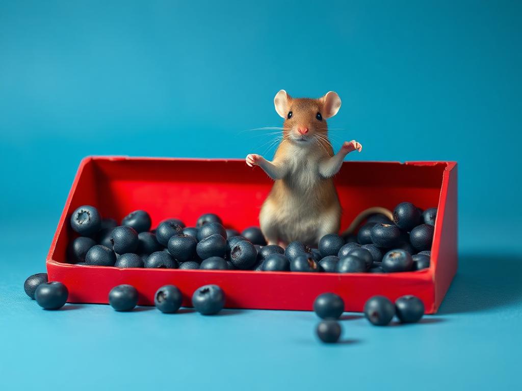 A red box of blue berries with a rat dancing inside