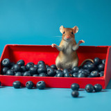 www.naked-ai.art - A red box of blue berries with a rat dancing inside