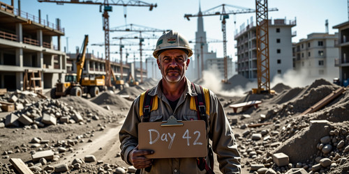 A grimy weathered laborer stands amidst a cloud of swirling concrete dust on a bustling construction.jpg