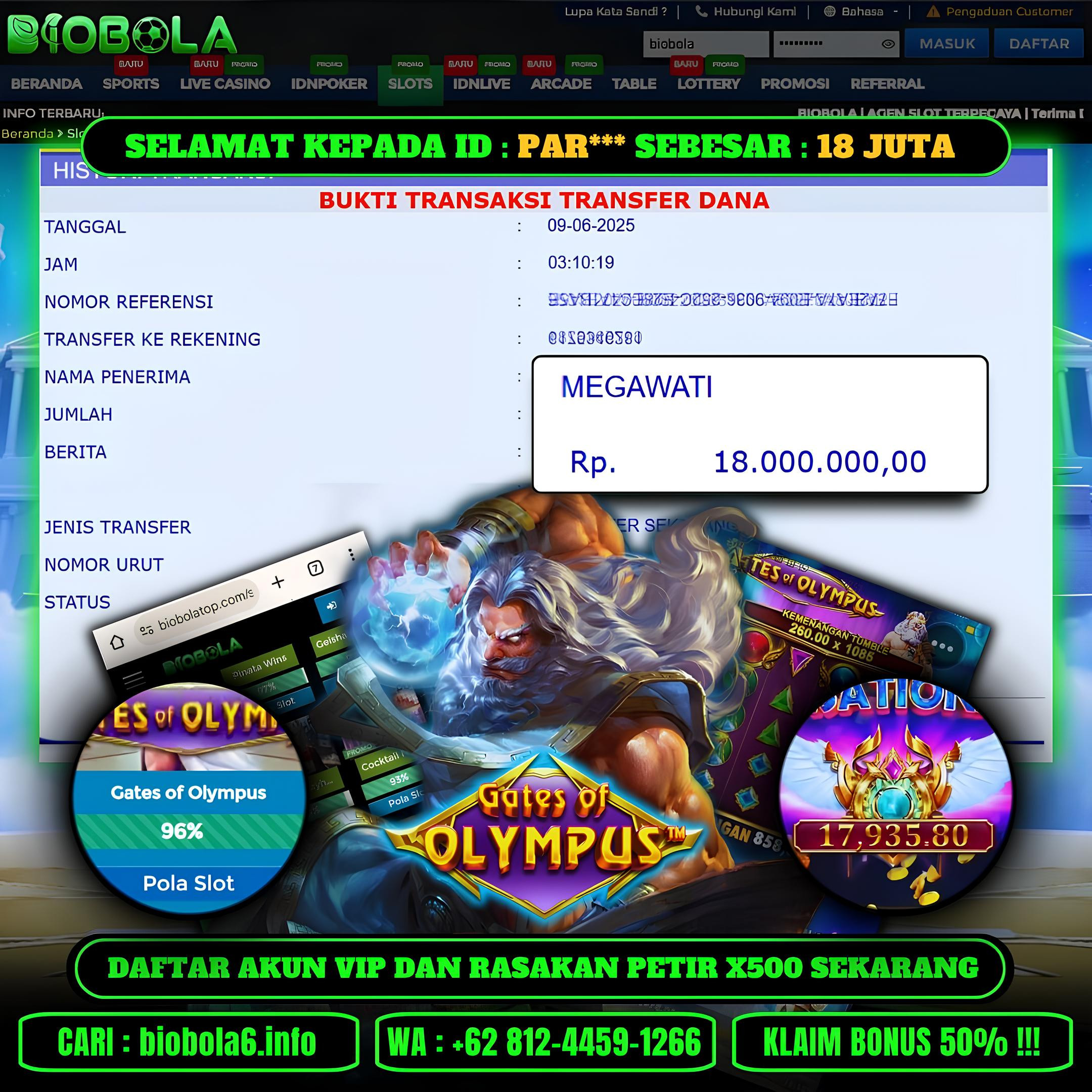 BIOBOLA  - JACKPOT DI GAME SLOT GATES OF OLYMPUS RP 18JT DIBAYAR LUNAS