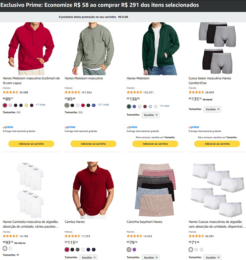 Exclusivo Prime: Economize R$ 58 ao comprar R$ 291 dos itens selecionados marca Hanes