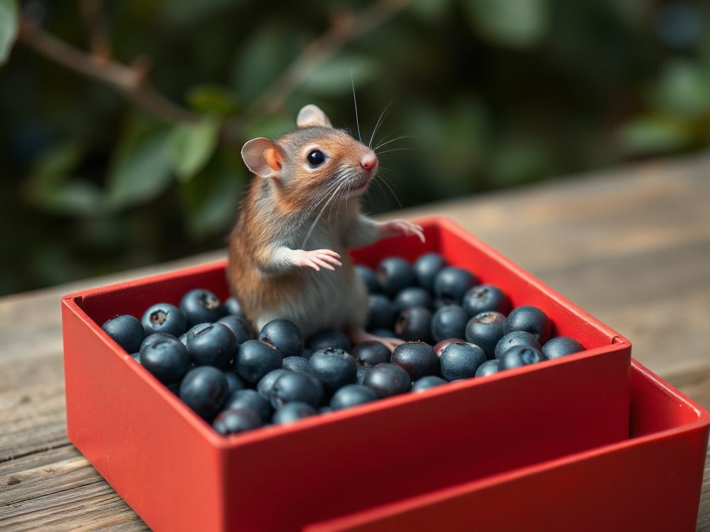 A red box of blue berries with a rat dancing inside