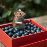 www.naked-ai.art - A red box of blue berries with a rat dancing inside