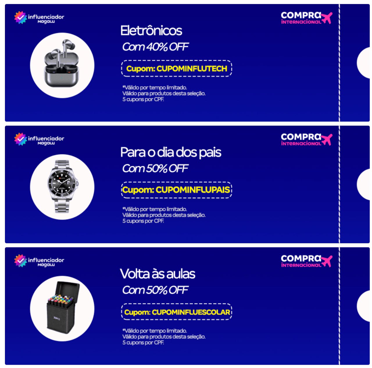 Cupons Magalu Internacional 40 e 50% OFF