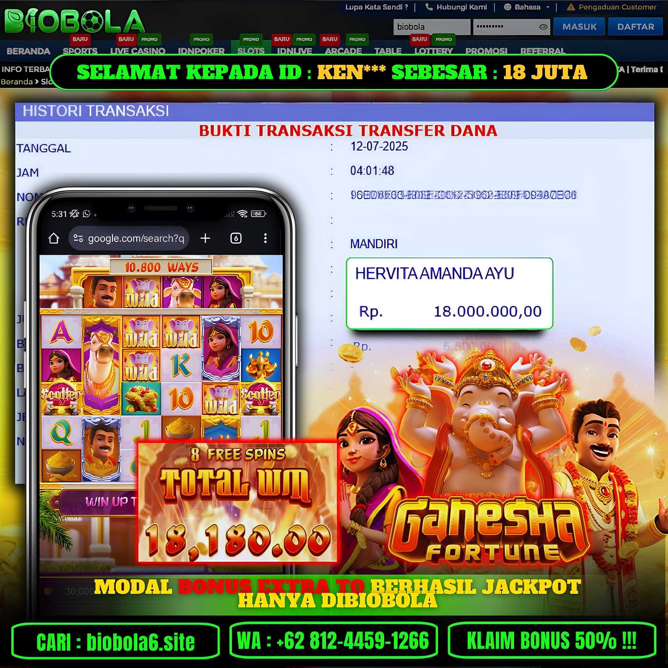 BIOBOLA  - JACKPOT DI GAME SLOT GANESHA FORTUNE RP 18JT DIBAYAR LUNAS