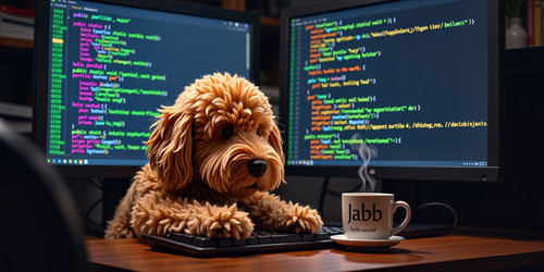 A whimsical scene featuring Big Belly Bob BBB the plush labradoodle with an absurdly large spherical.jpg