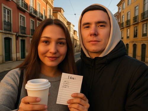Selfie Of Two Friends On Cobblestone Street At Sunset.png