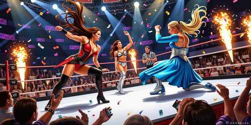 A high energy action packed WWE ring scene featuring two versions of Bella locked in an intense batt.jpg