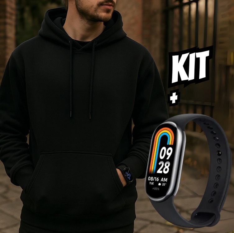 Kit Moletom Blusa De Frio Canguru Liso Algodão + Relogio