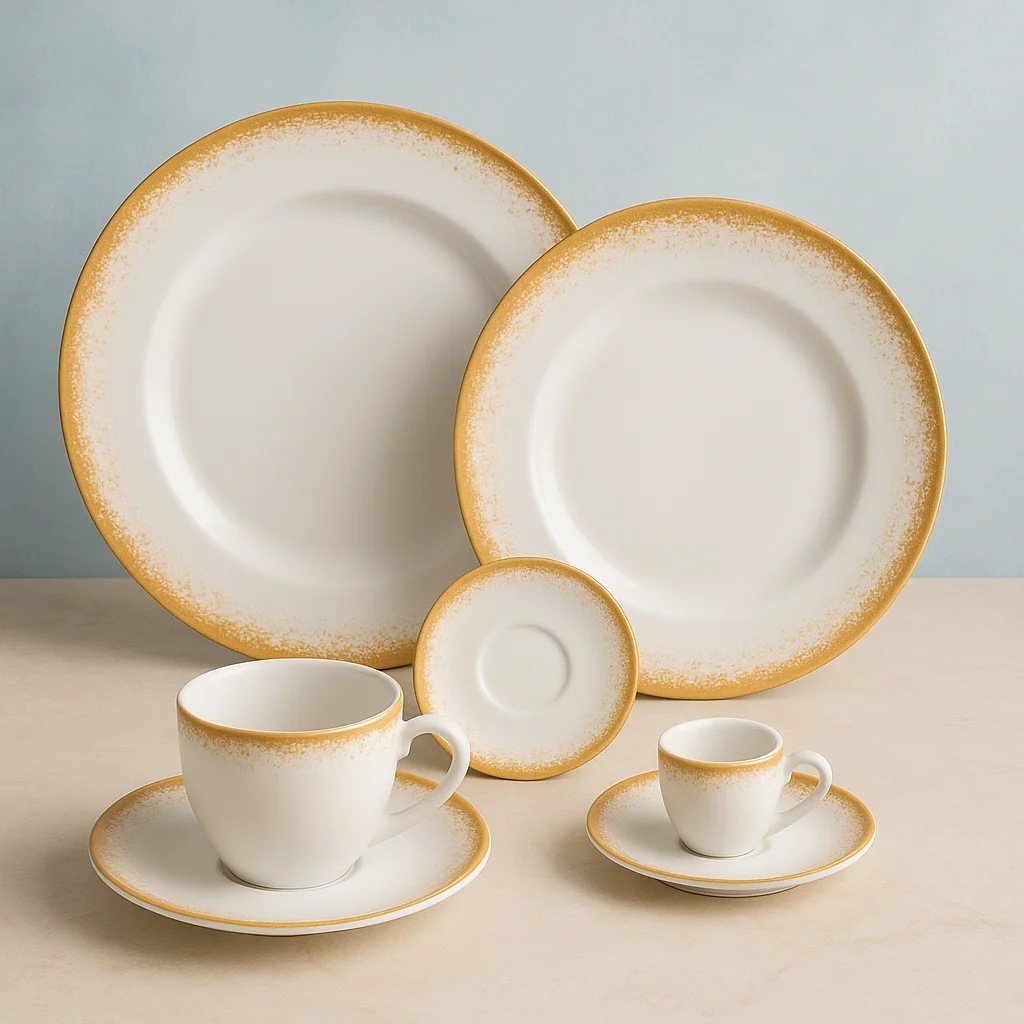 Serviço de Jantar e Chá 20 Peças em Porcelana, Decoração Névoa Mostarda, Porcelana Schmidt