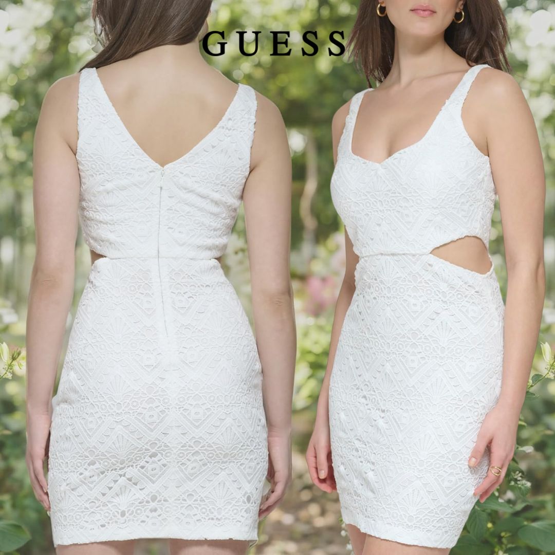 GUESS Vestido feminino sem mangas com recorte de renda