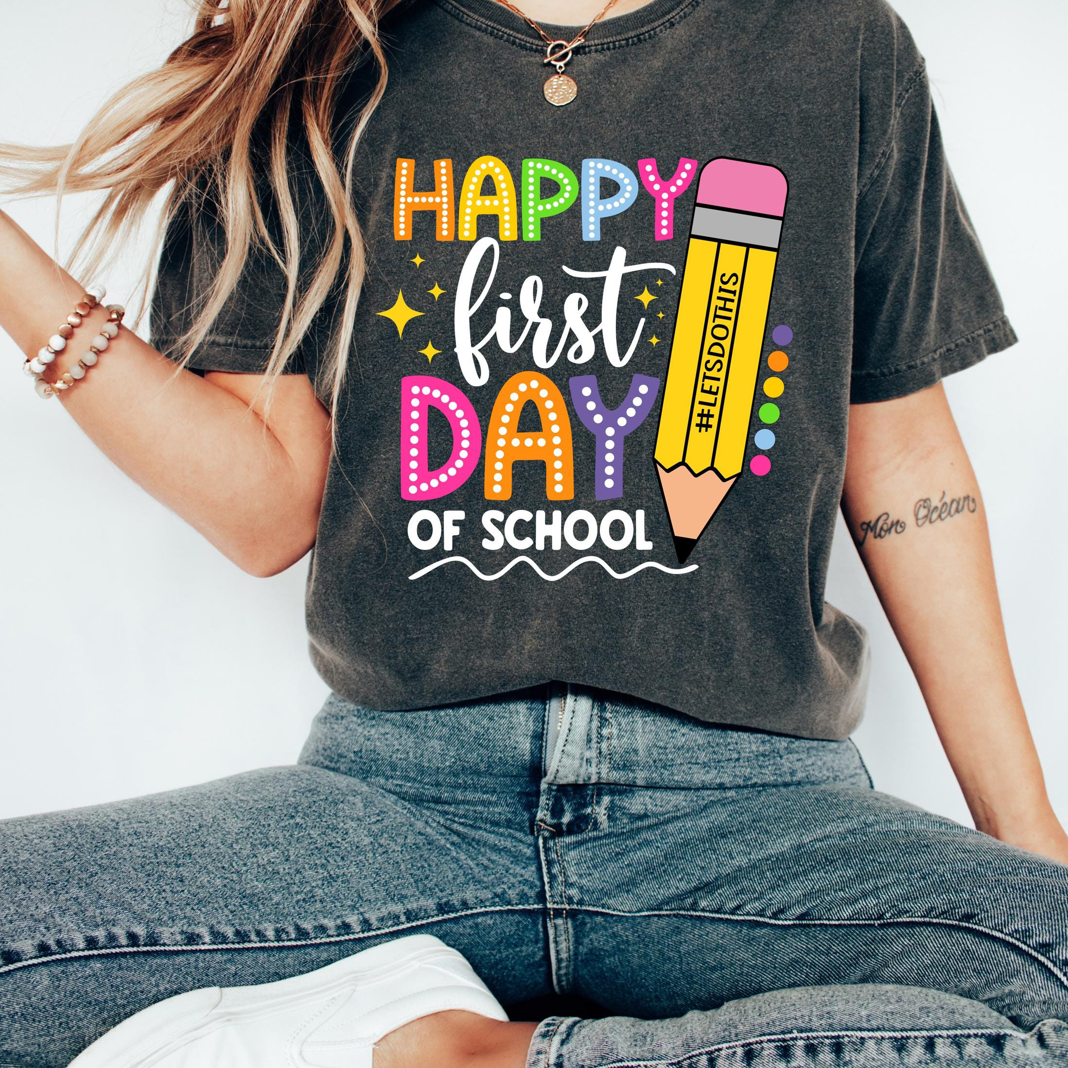 Happy First Day of School T-Shirt Rainbow Teacher Back to School Pencil Tee