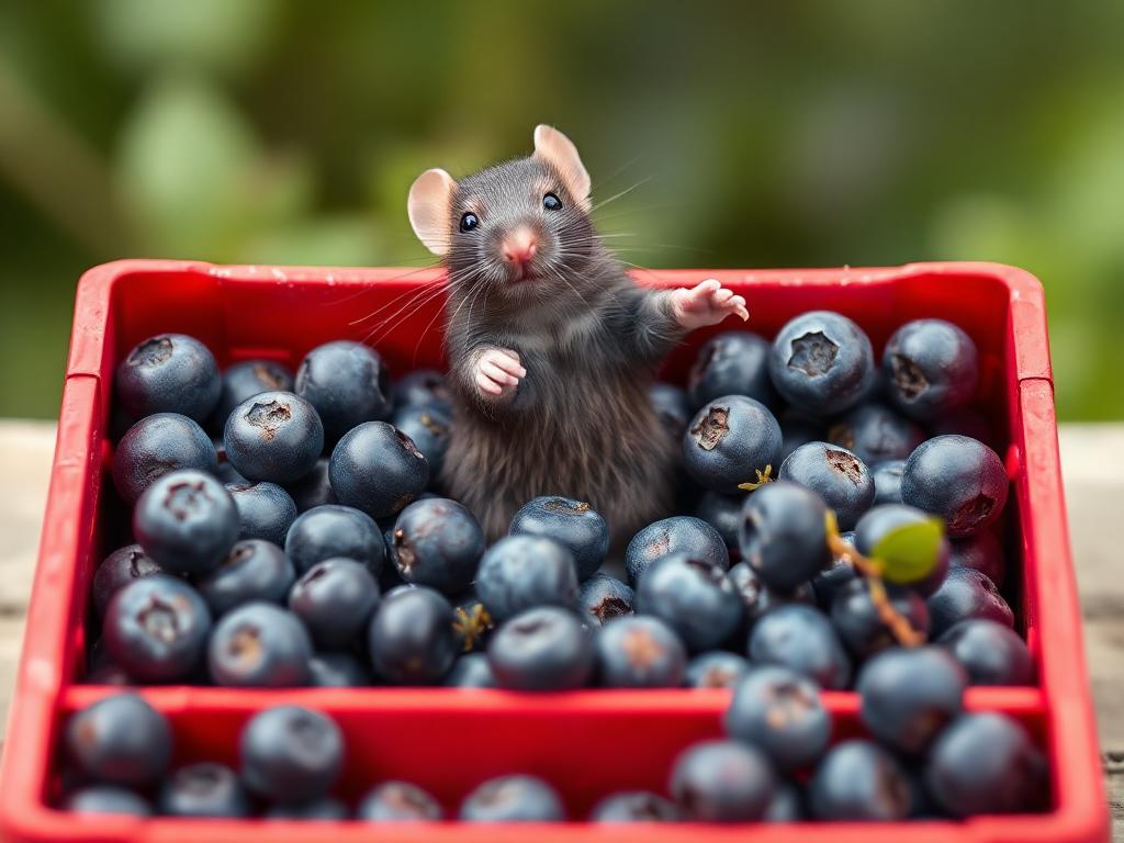 A red box of blue berries with a rat dancing inside